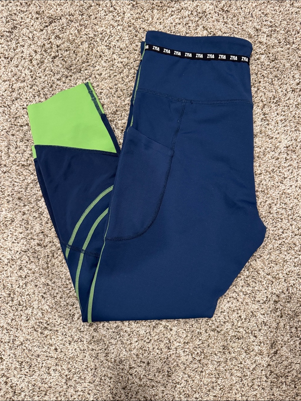 ZYIA Navy Leggings with Lime Accent and Side Pocket